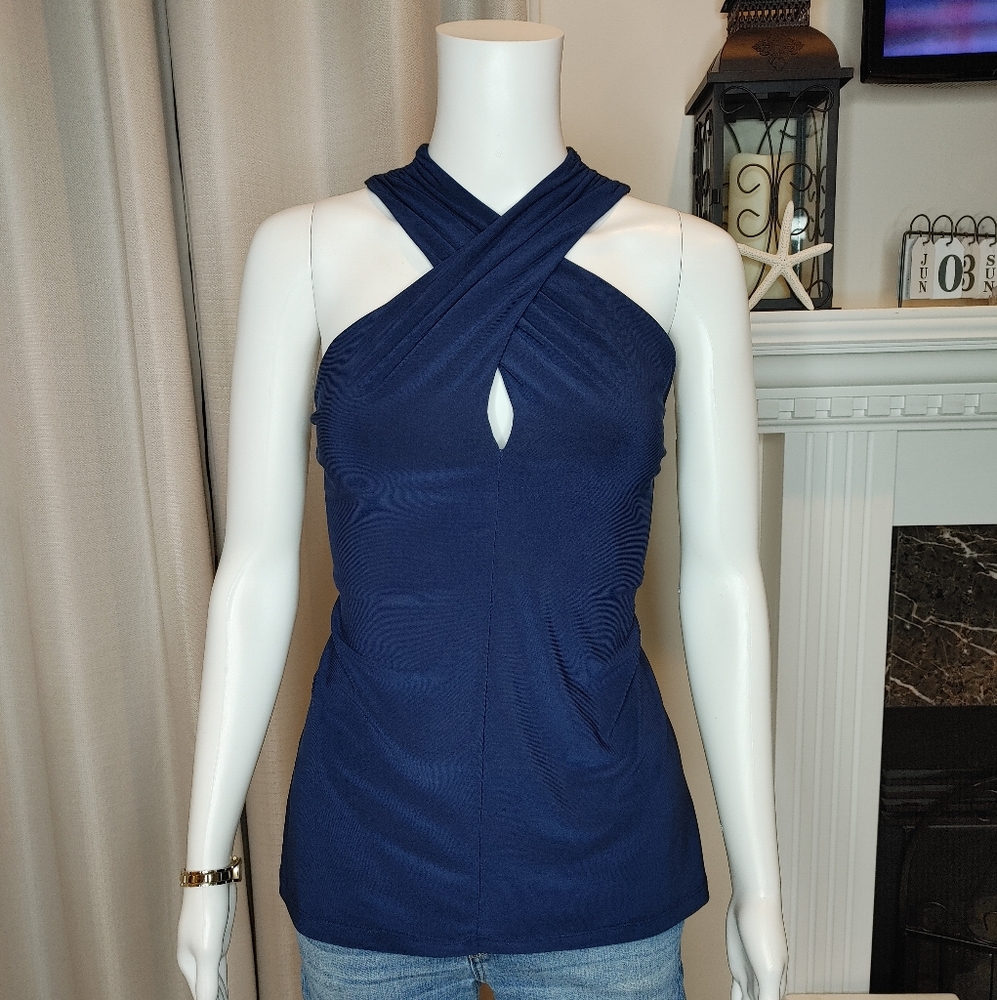 CHAPS CRISS CROSS FRONT HALTER TOP, MARINE NAVY L